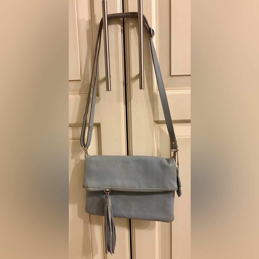 Roots Sky Blue Leather Crossbody Bag